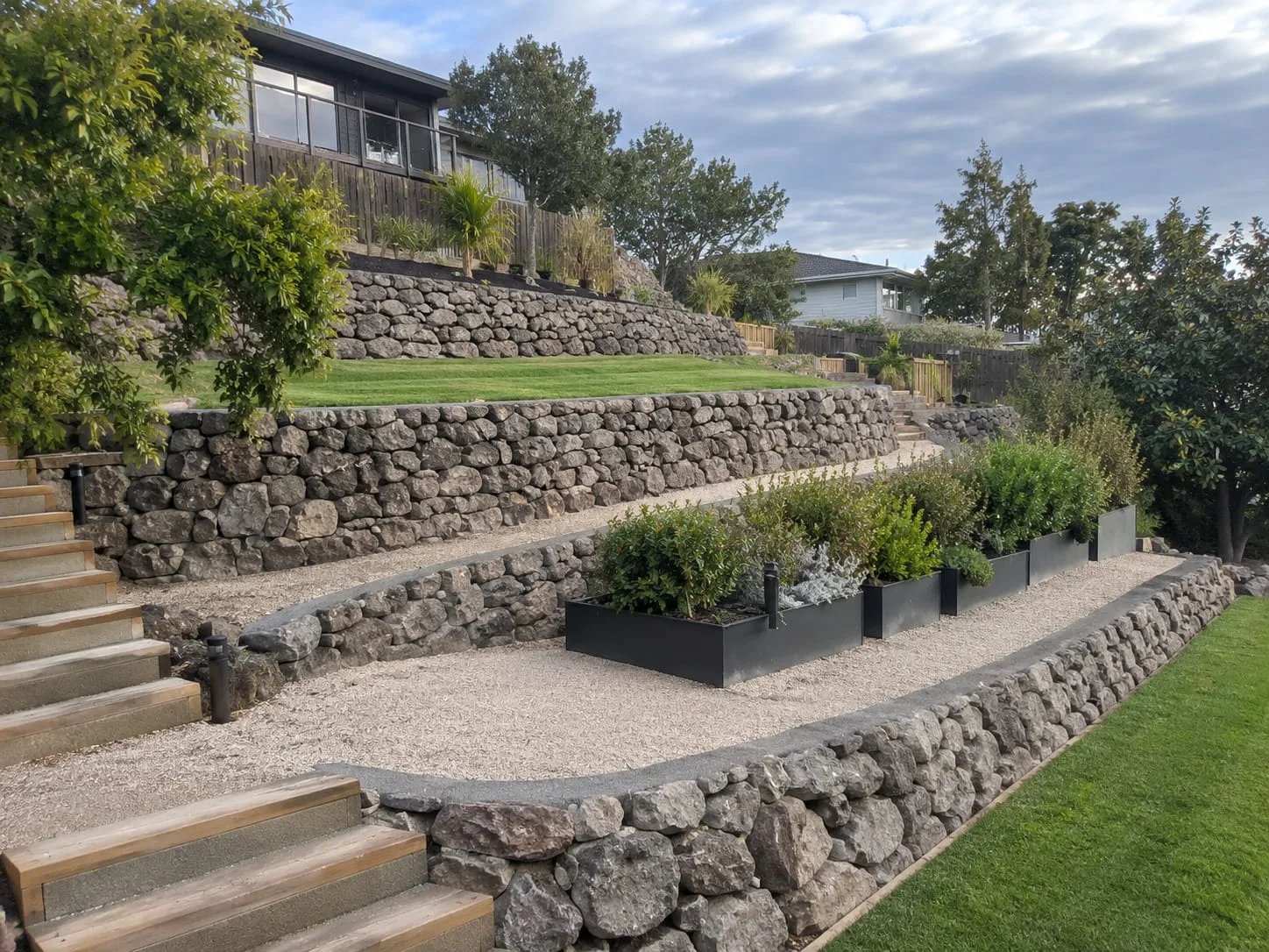 Boulder retaining wall on a Redcliffs property in Christchurch