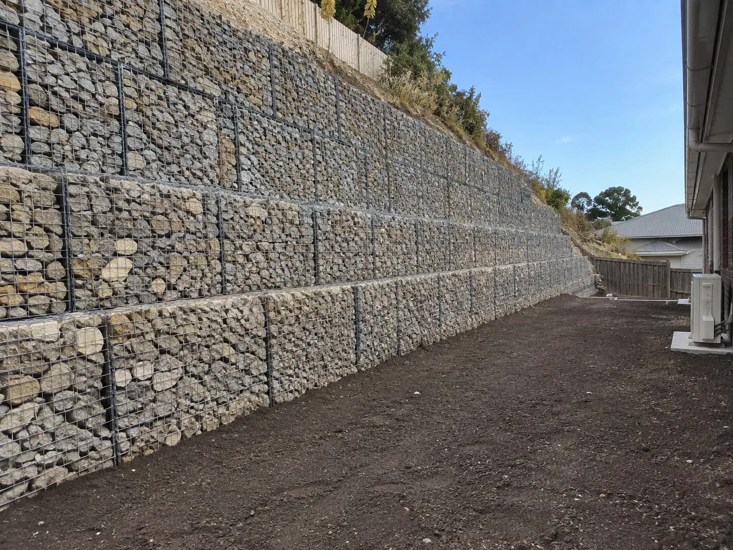 Stone-filled gabion baskets forming a retaining wall in Christchurch